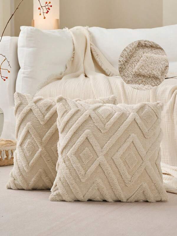 Set Of 2 Faux Fur Cream White Throw Pillow Covers 18x18,Soft Checkborad Pattern Decorative Boho Pillow Cover Case Cushion Cover For Sofa Couch Bed Livingroom Farmhouse,Modern Accent,Fall Decor,Autumn Decor,Room Decor