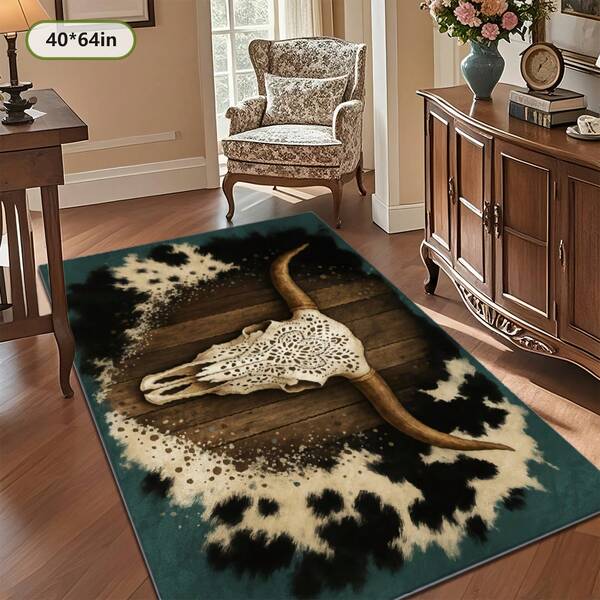 Large Bull Skull Area Rug, Western Home Decor Floor Mat With Brown, Black, White, And Teal Accents, Non-Slip Machine Washable Polyester Mat For Living Room, Bedroom, Office, Or Cafe, Durable Rustic Accent Rug For Indoor/Outdoor Use