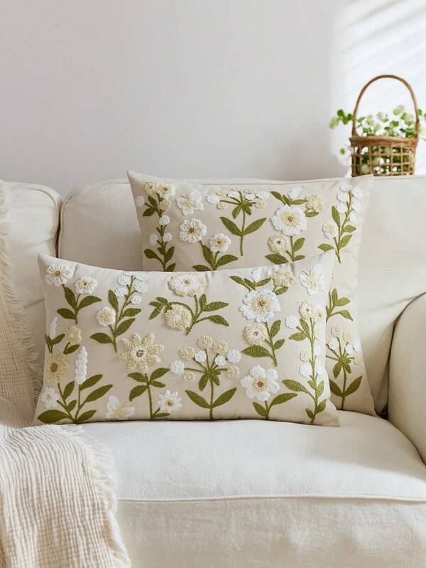 1pc Beige Spring Floral Embroidered Throw Pillow Cover, Spring/Summer Butterfly & Wildflower Cushion Cover, Suitable For Indoor Decor, All Season Pillow Sham, Inner Pillow Not Included